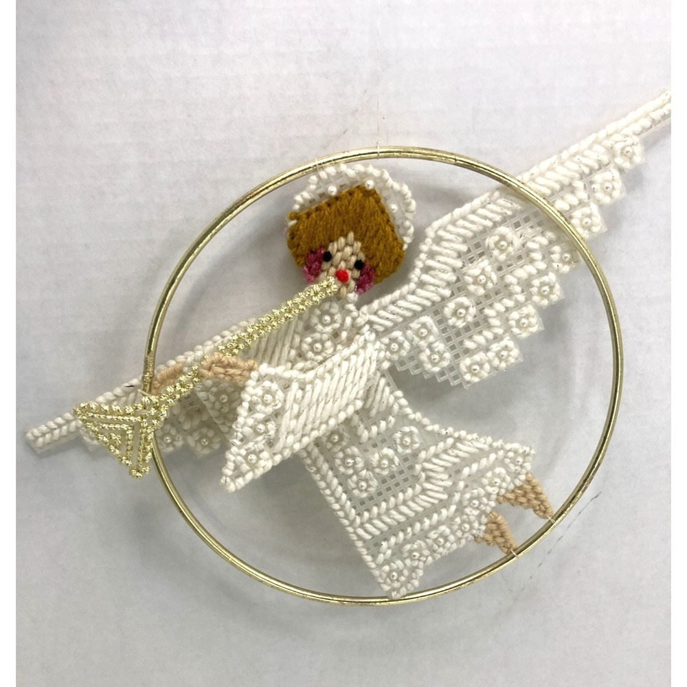 Rare Vintage Handmade Angel Flying Wings Gold Hoop Gold Trumpet Ornament 7"